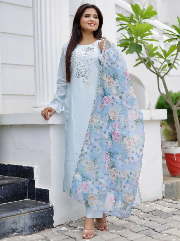 Women's LB Blue Embroidered Silk Blend Straight Suit With Dupatta