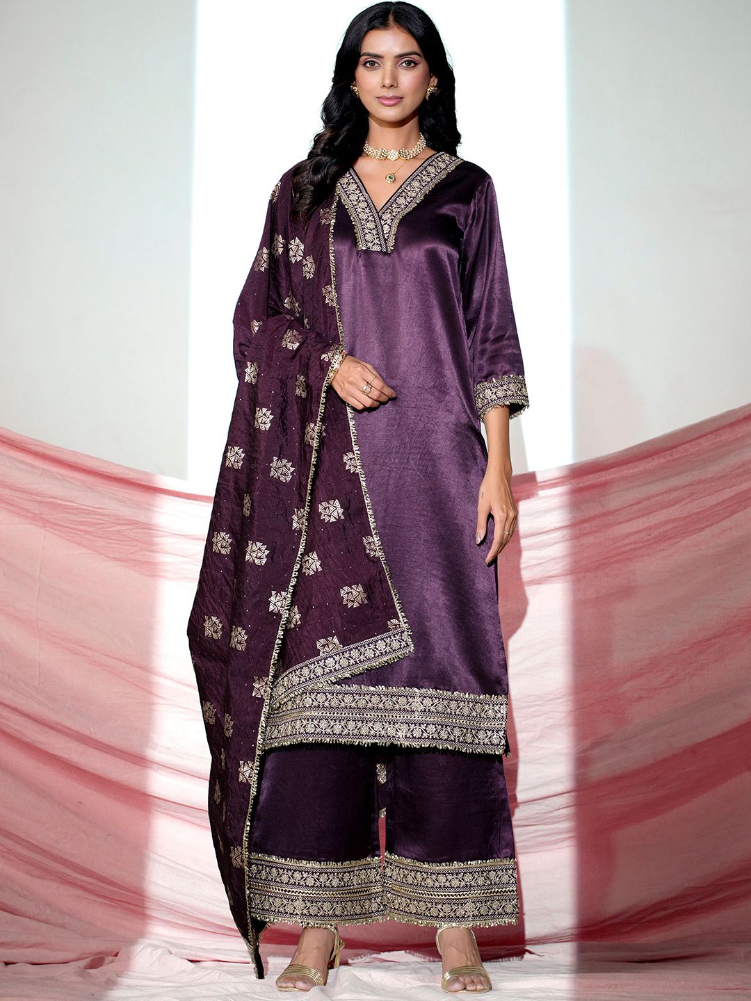 Dhiyona SN Floral Yoke Design V-Neck Sequinned Satin Kurta With Palazzos & Dupatta