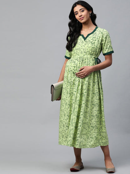 Dhiyona AY Women's Green Printed A-Line Nursing Dress