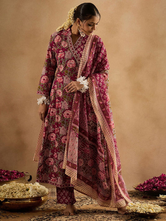 Floral Printed Angrakha Pure Cotton A-Line Kurta With Trouser & Dupatta