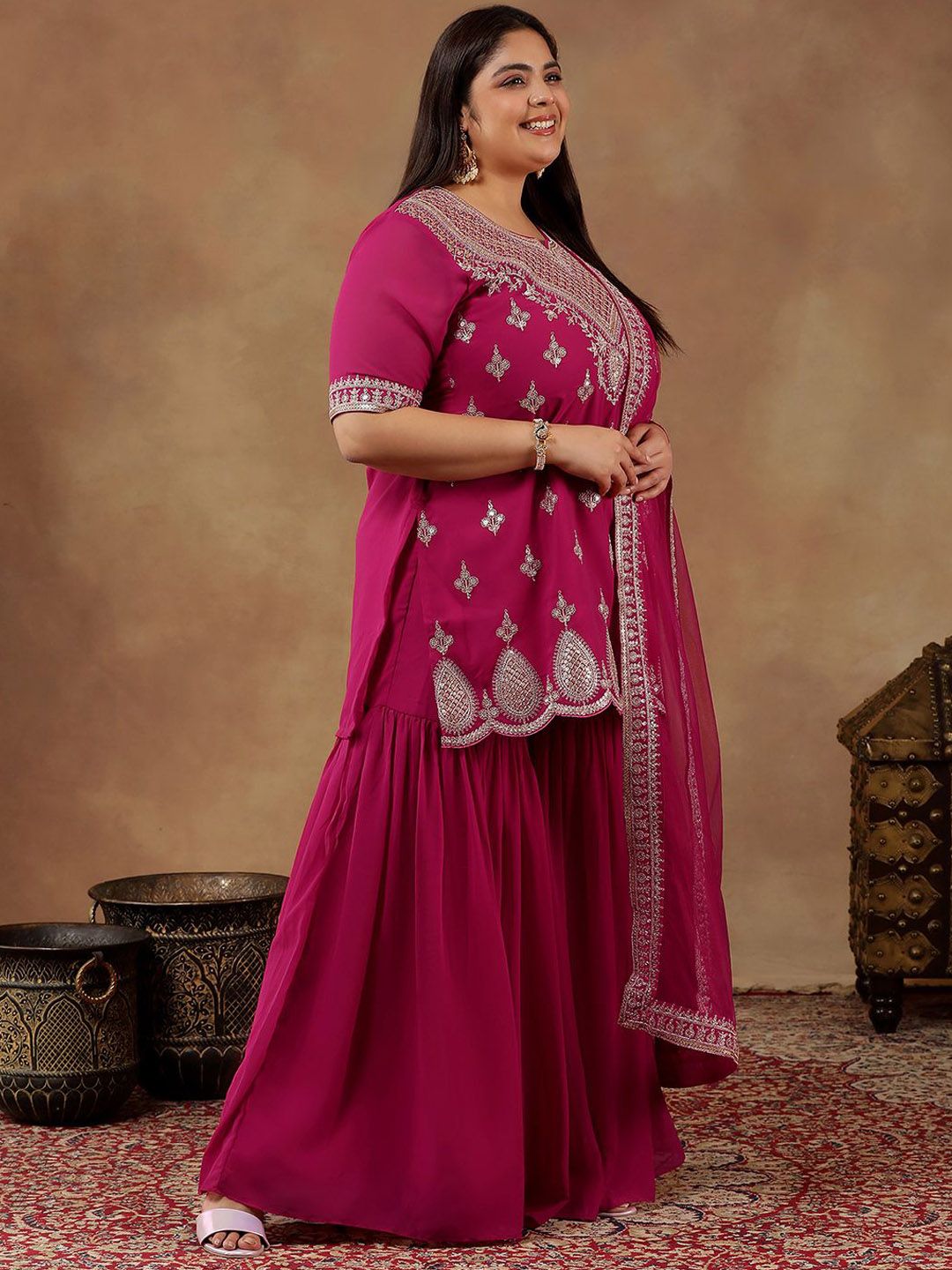 Dhiyona IN Plus Size Embroidered Sequin Georgette Straight Kurta With Sharara & Dupatta