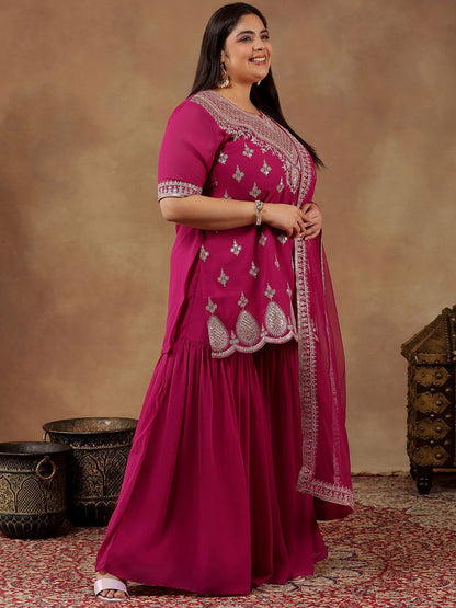 Dhiyona IN Plus Size Embroidered Sequin Georgette Straight Kurta With Sharara & Dupatta