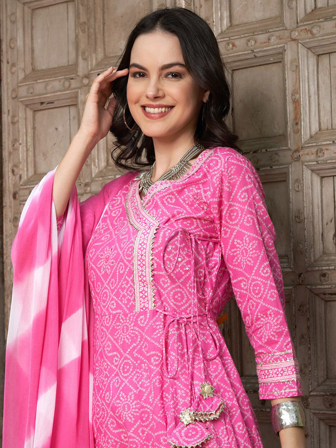 Pink Bandhani Printed Angrakha Mirror Work Pure Cotton Kurta Set