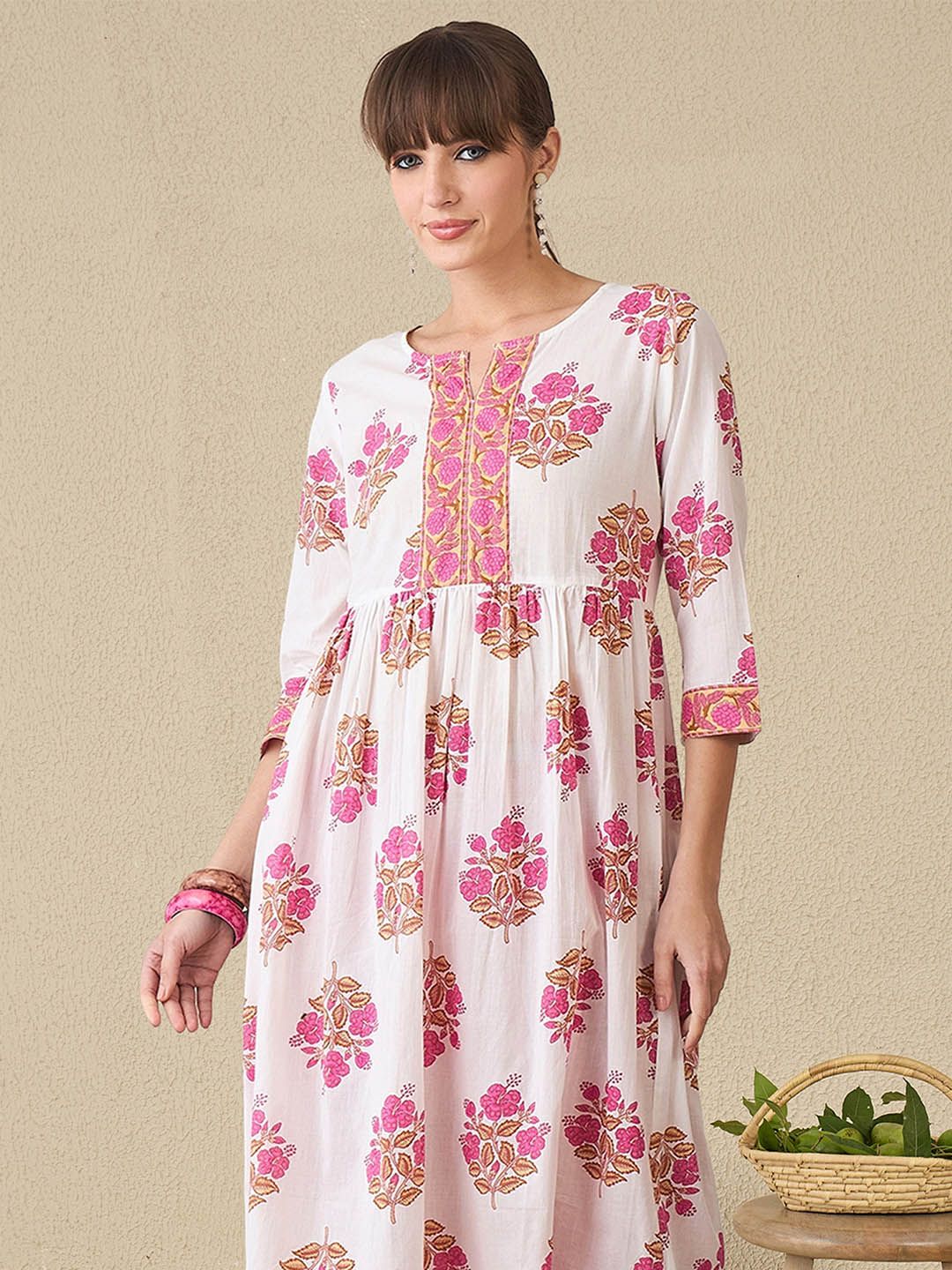 Dhiyona IE Floral Printed Notch Neck A-Line Pure Cotton Kurta With Trousers