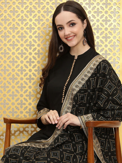 Dhiyona OD  Women Black Bandhani Pleated Kurta with Trousers & With Dupatta