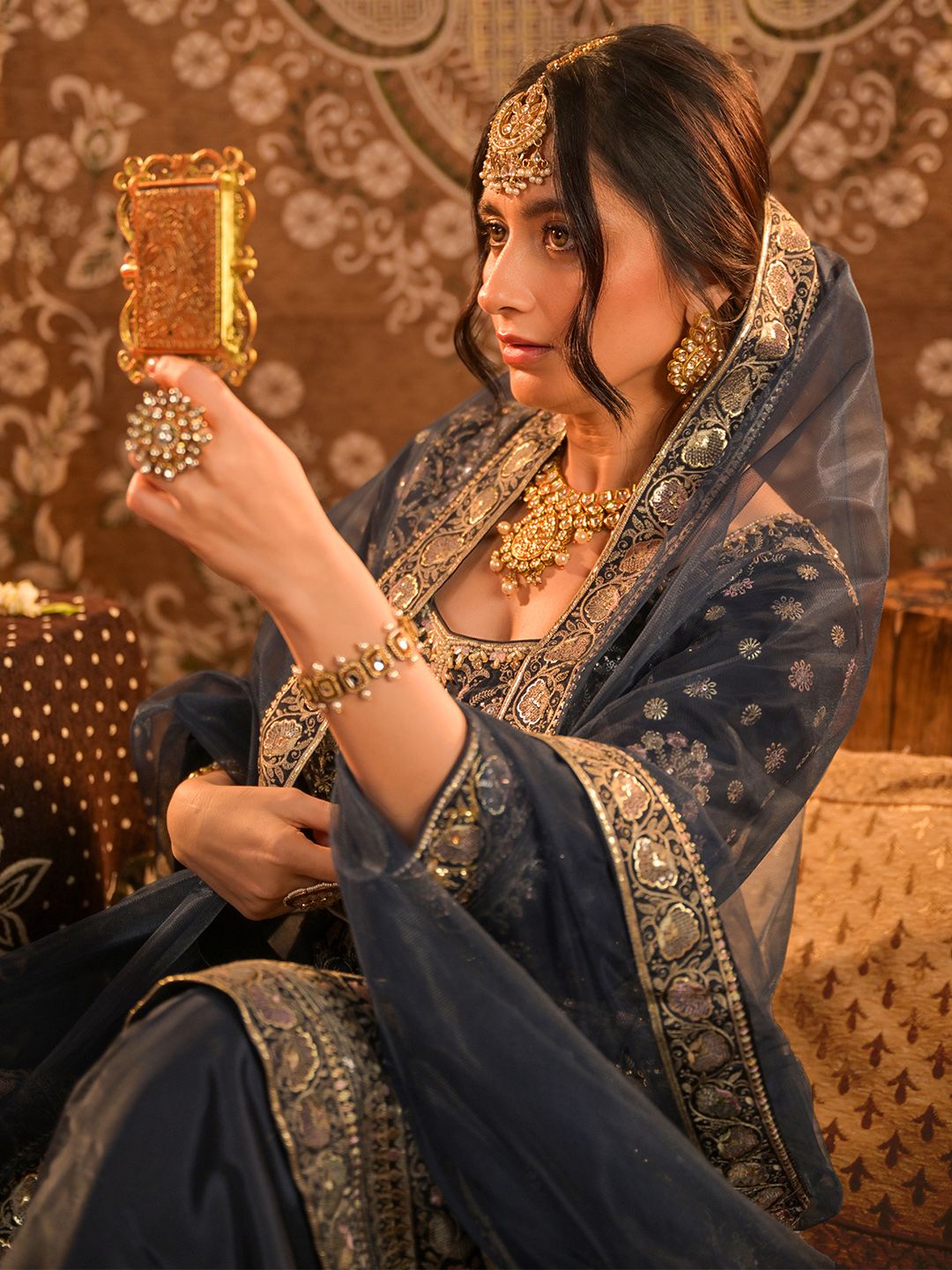 Dhiyona LL Womens Blue Embroidered Silk Anarkali Kurti With Palazzos & Dupatta