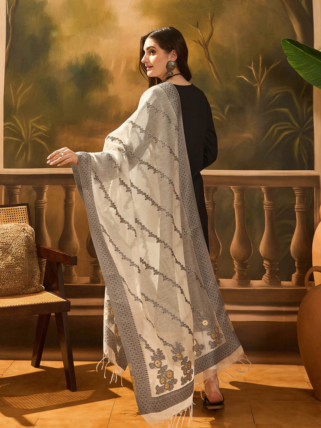 Summer Embroidered Zari V-Neck Straight Kurta & Palazzo With Dupatta