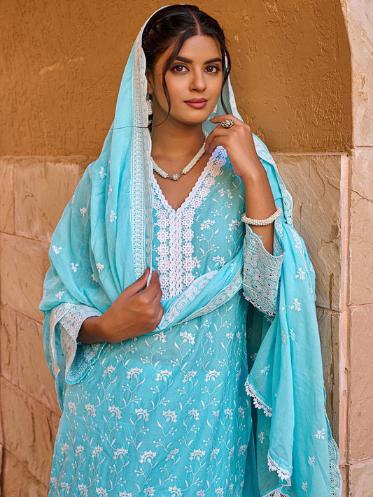 Floral Embroidered Thread Work Pure Cotton Straight Kurta With Trousers & Dupatta