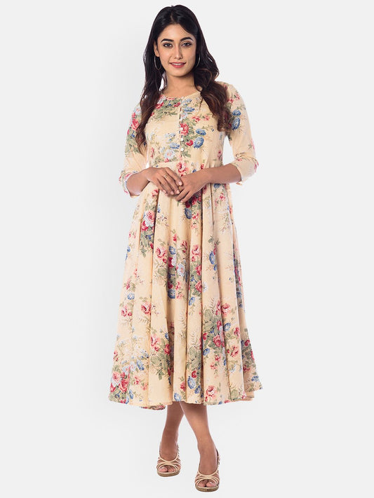 Dhiyona AY Women's Beige Printed Fit and Flare Dress