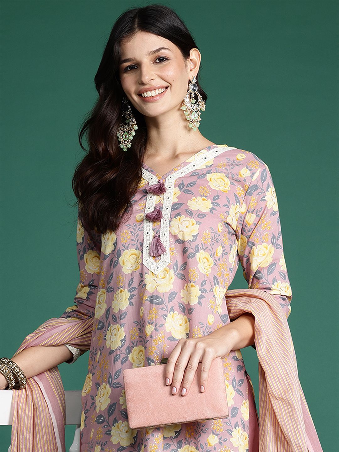 Dhiyona IE Women Floral Printed Thread Work Pure Cotton Kurta With Trousers & Dupatta