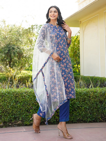 Dhiyona KL Floral Printed Gotta Patti Straight Kurta & Trousers With Dupatta
