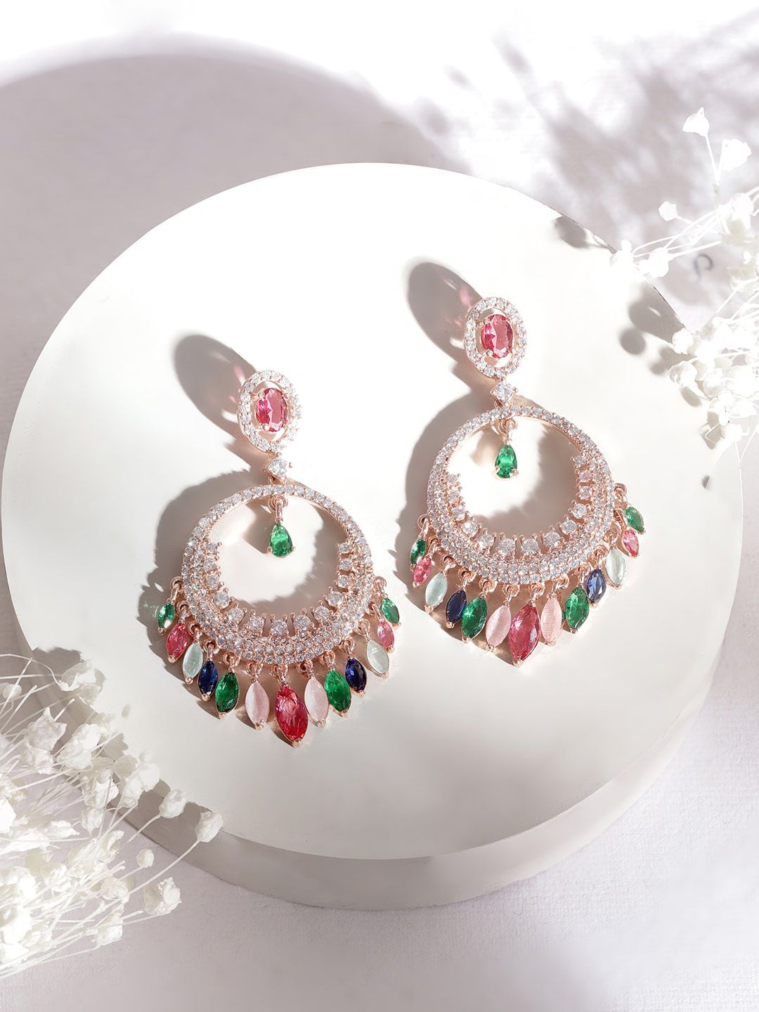 Dhiyona RJ Women's 22K Rose Gold-Plated Multicolor Cubic Zirconia Studded Chandbali Earrings