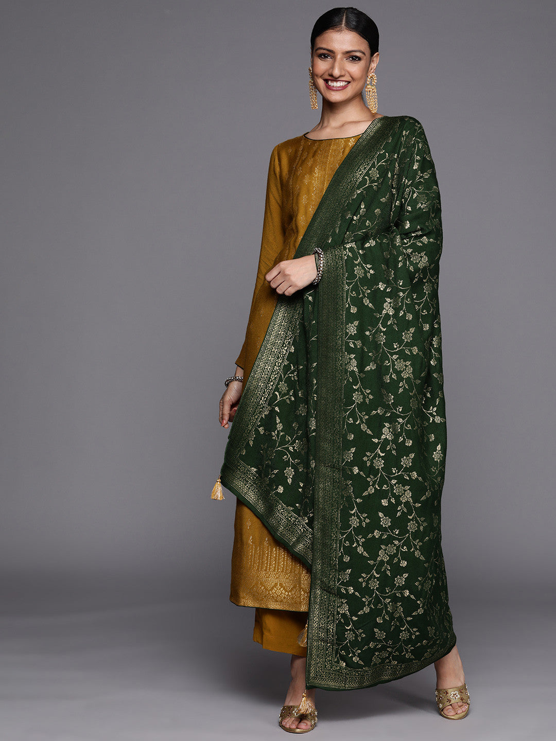 Women Mustard Yellow Floral Pashmina Wool Kurta with Trousers & With Dupatta