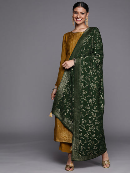 Women Mustard Yellow Floral Pashmina Wool Kurta with Trousers & With Dupatta