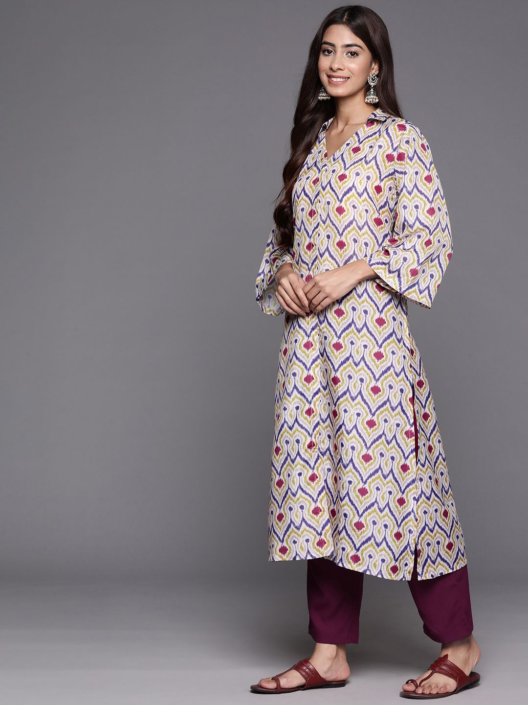 Dhiyona VA Women'sAbstract Woven Design Flared Kurta with Trousers