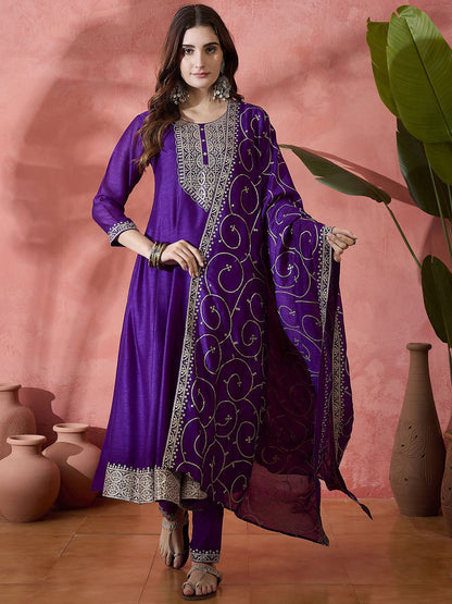 Ethnic Motifs Embroidered Round Neck Panelled A-Line Kurta With Trousers & Dupatta