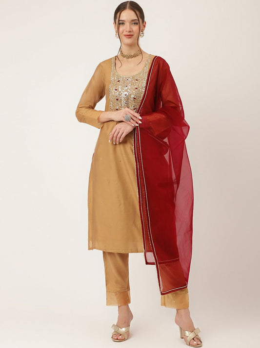 Dhiyona KL Floral Yoke Design Chanderi Silk Straight Kurta & Trouser With Dupatta