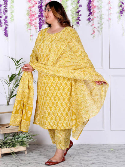 Dhiyona KL Floral Printed Regular Sequinned Pure Cotton Kurta with Trouser & With Dupatta