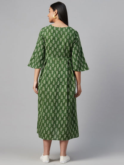 Dhiyona AY Women's Green & Off-White Printed Maternity A-Line Dress