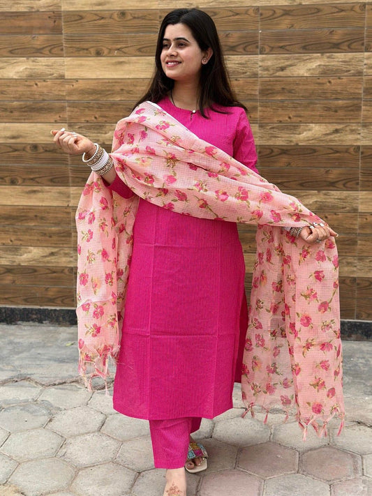 Dhiyona KL Striped Kurta with Trousers & Dupatta