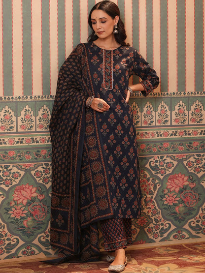 Dhiyona RR Women's Ethnic Printed Pure Cotton Kurta with Palazzos & Dupatta