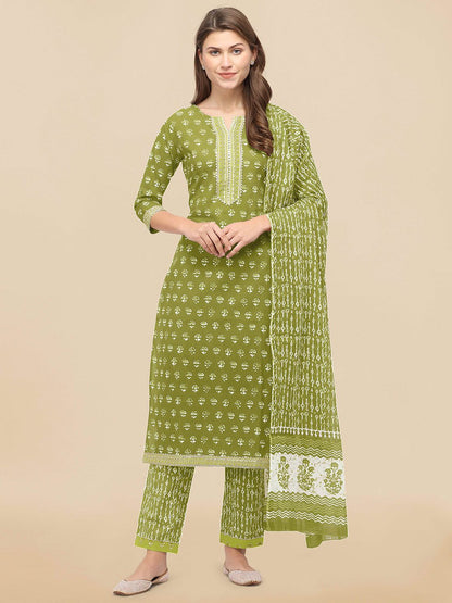Dhiyona KL Women Green Ethnic Motifs Printed Gotta Patti Kurta with Palazzos & With Dupatta