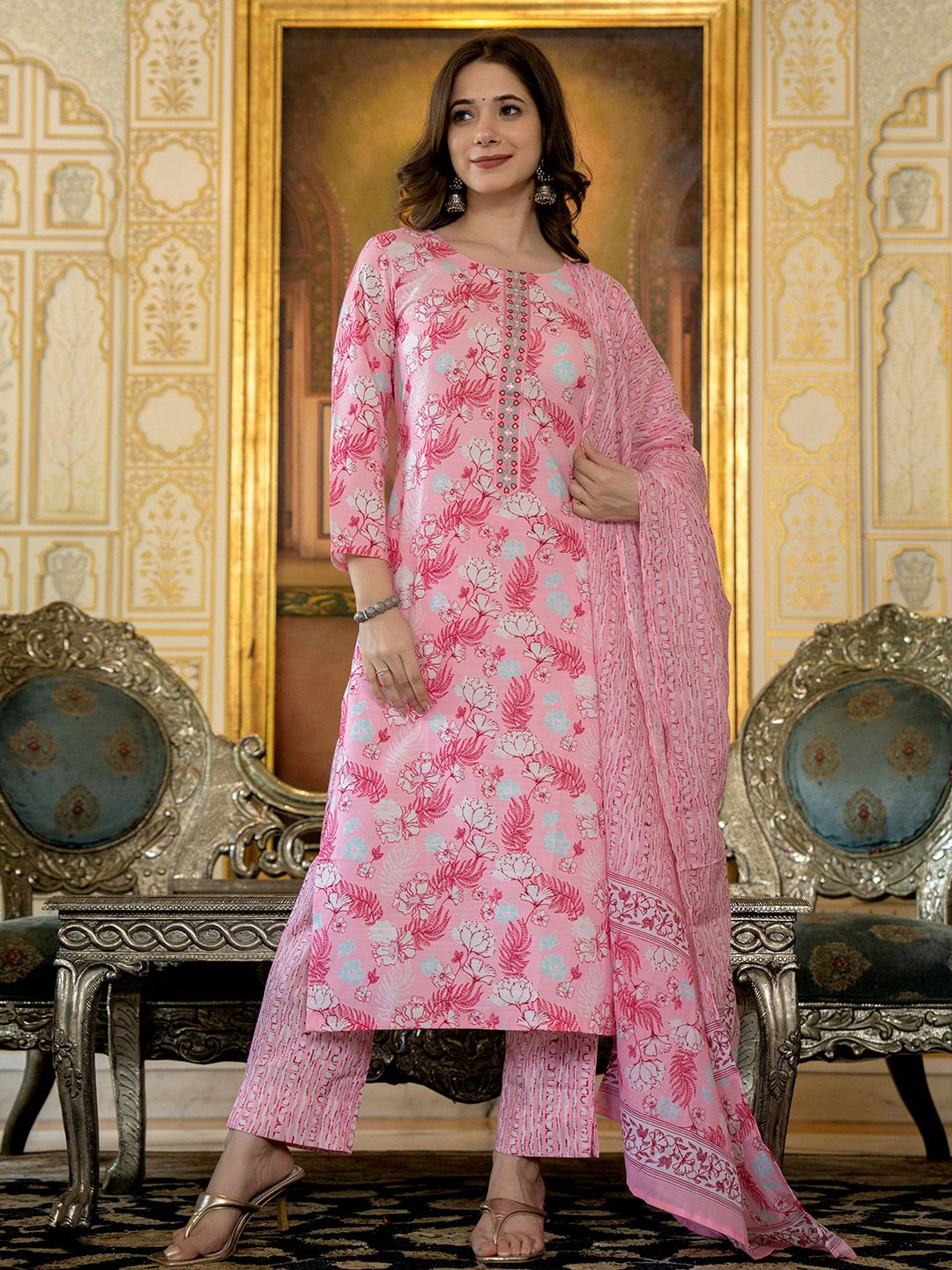 Dhiyona KL Floral Printed Thread Work Straight Kurta with Trousers & Dupatta