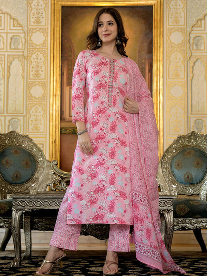 Dhiyona KL Floral Printed Thread Work Straight Kurta with Trousers & Dupatta