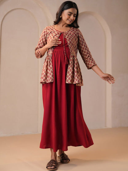 Dhiyona AY Women's Printed Fit & Flared Maternity Ethnic Dresses With Jacket