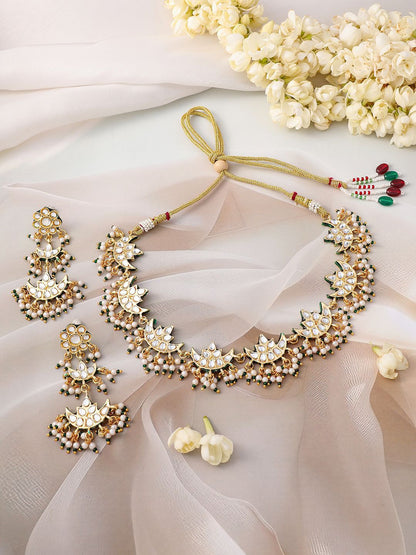 Dhiyona RJ Women's 22K Gold-Plated Kundan Studed Green Border, Pearl Beaded Crescent Moon Necklace Set