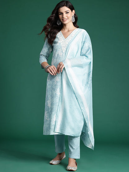 Floral Printed Thread Work Pure Cotton Kurta With Trousers & Dupatta