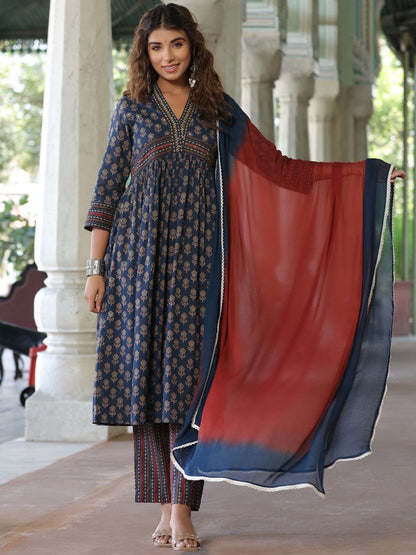 Dhiyona RR Women's Printed Empire Sequinned Pure Cotton Kurta with Trousers & Dupatta