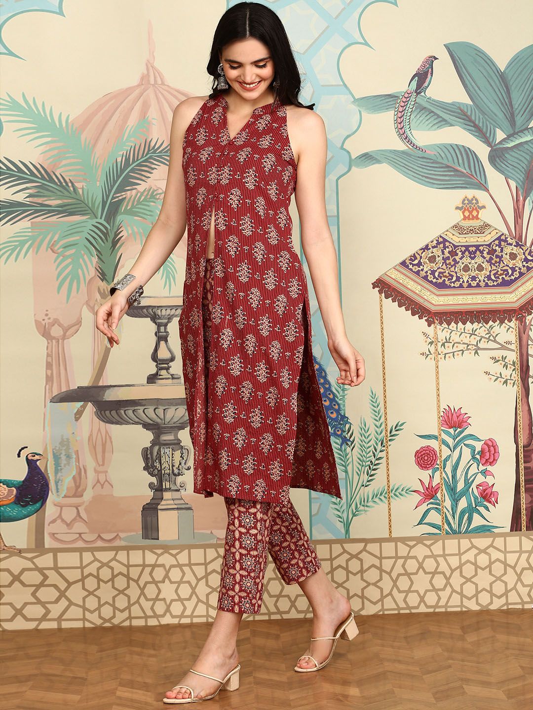 Dhiyona IS Women's Maroon Ethnic Motifs Printed High Slit Chanderi Cotton A-Line Kurta With Trousers