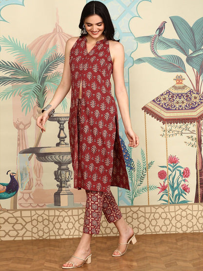 Dhiyona IS Women's Maroon Ethnic Motifs Printed High Slit Chanderi Cotton A-Line Kurta With Trousers