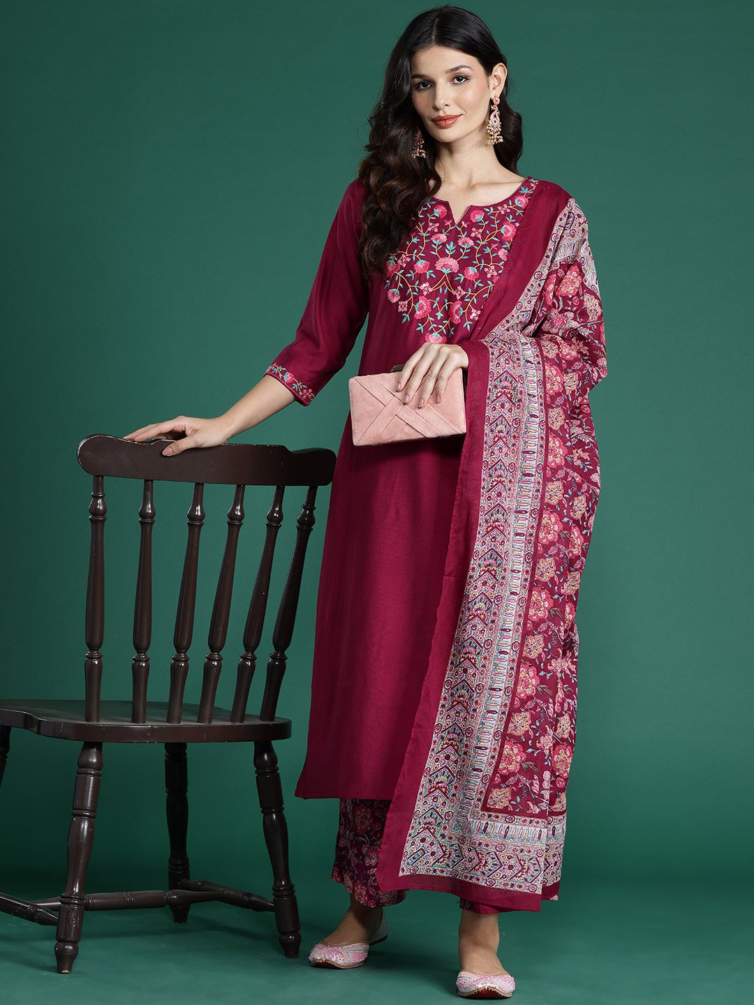 Dhiyona IE Floral Embroidered Thread Work Kurta With Palazzos & Dupatta