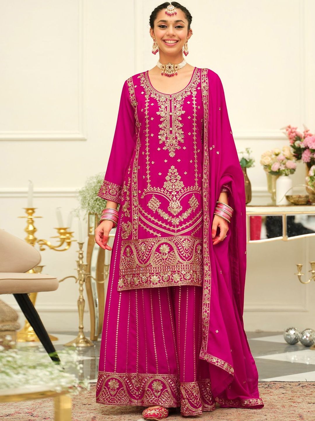 Dhiyona IE Women Ethnic Motifs Embroidered Kurta with Palazzos & Dupatta