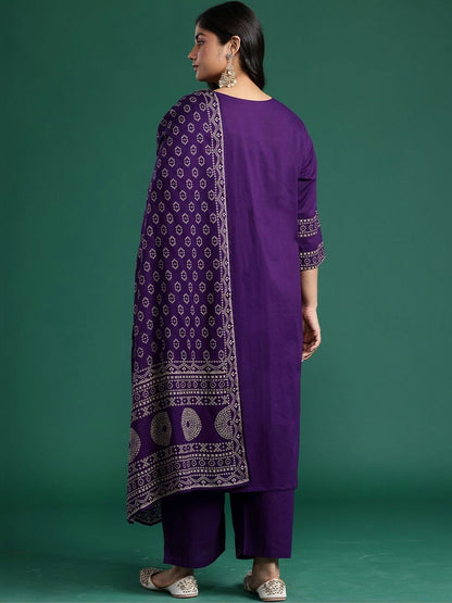 Dhiyona Women's Ethnic Motifs Printed Regular Mirror Work Pure Cotton Kurta with Trousers & With Dupatta