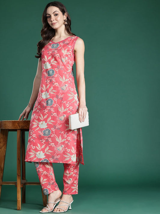 Dhiyona IE Floral Printed Pure Cotton Kurta with Trousers