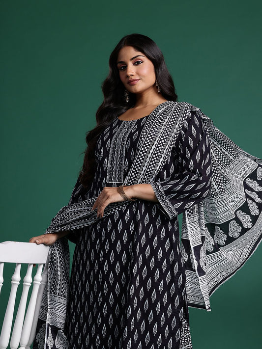 Dhiyona Women's Geometric Printed Pure Cotton Kurta with Trousers & Dupatta