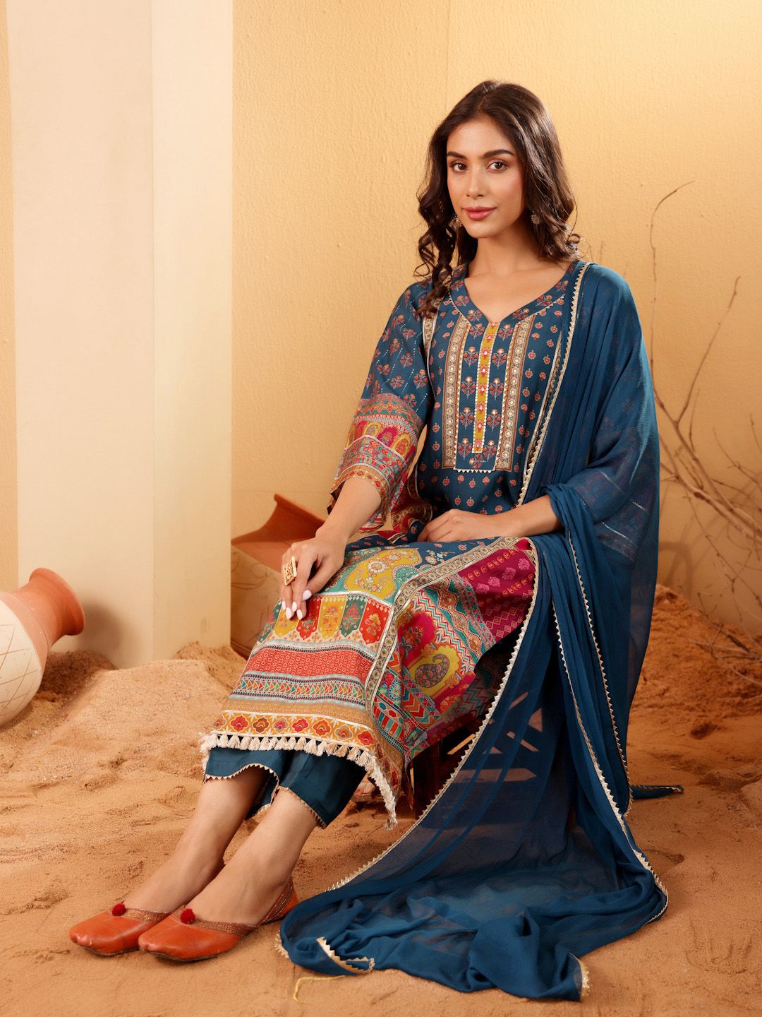 Dhiyona VA Women's Ethnic Motifs Printed Regular Gotta Patti Kurta with Trousers & Dupatta