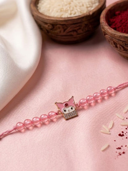 Dhiyona Pink Transparent Beaded Cartoon Character Kids Rakhi With Roli Chawal Chandan Mishri