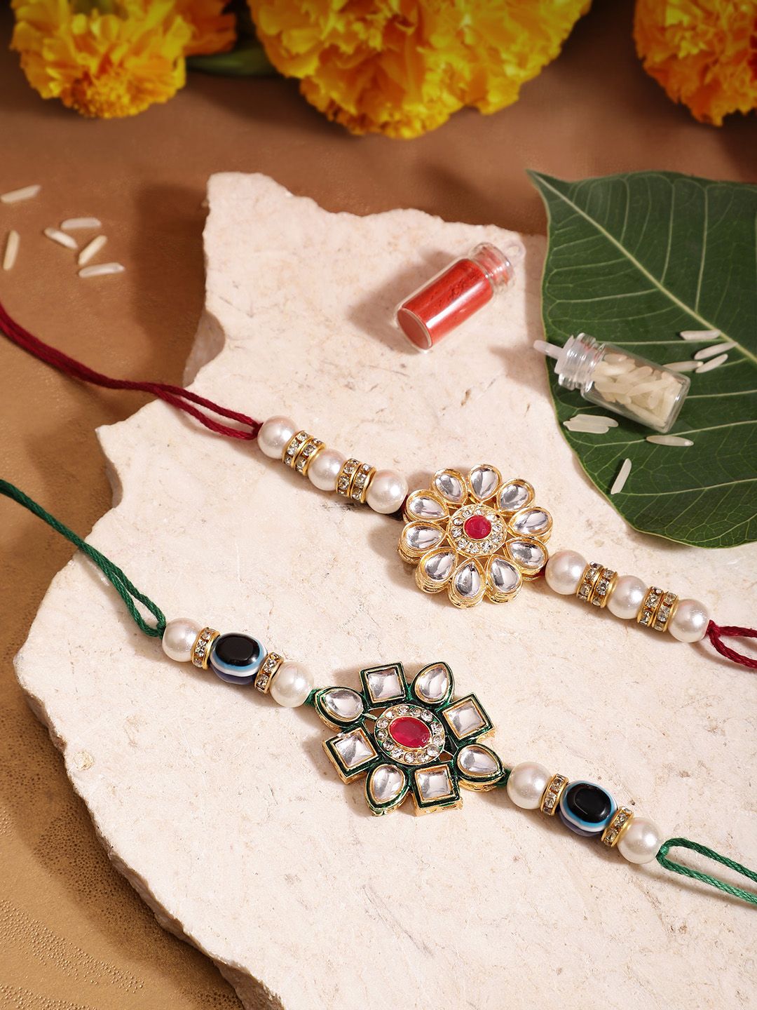 Dhiyona Unisex Set of 2 Beaded Bhai Bhabhi Rakhis With Roli & Chawal