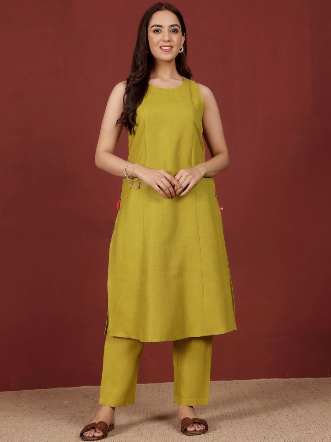 Lime Green Round Neck Straight Kurta With Trousers