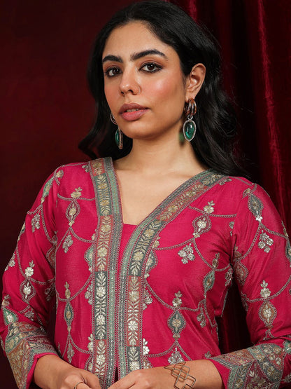 Dhiyona LL Floral Embroidered Notch Neck Zari Straight Kurti With Sharara And Dupatta