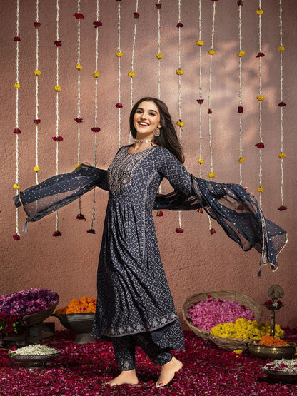 Dhiyona IS Women's Embroidered Pleated Kurta & Trousers With Dupatta