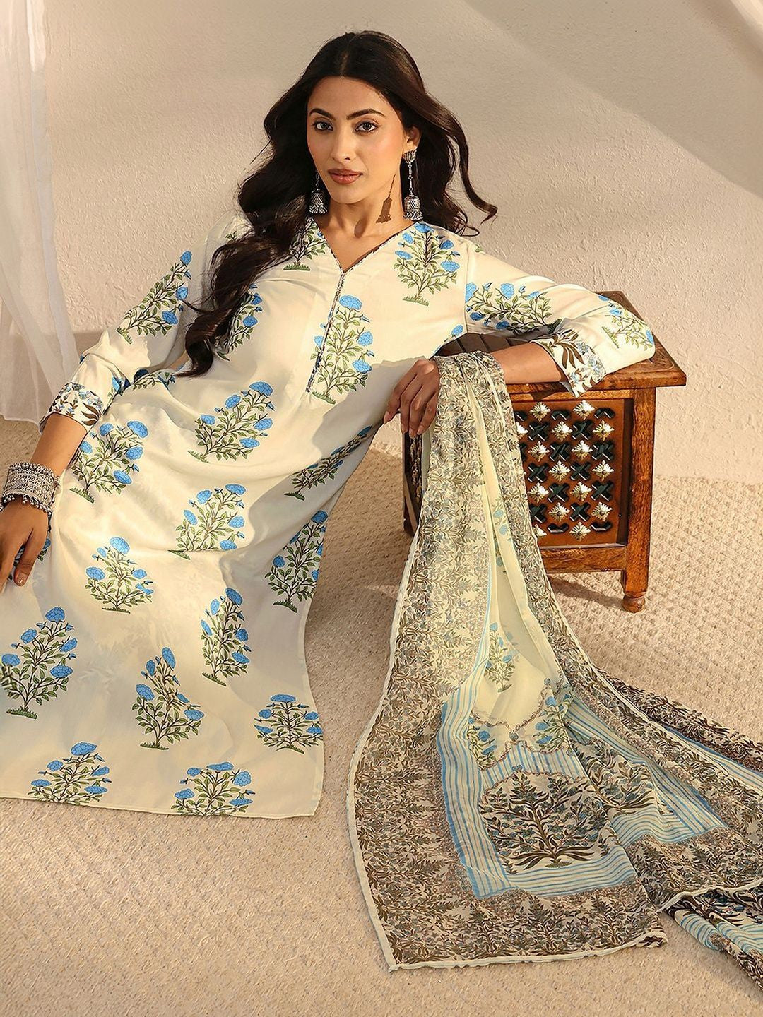 Off White Floral Printed Chanderi Silk Straight Suit Set with Dupatta