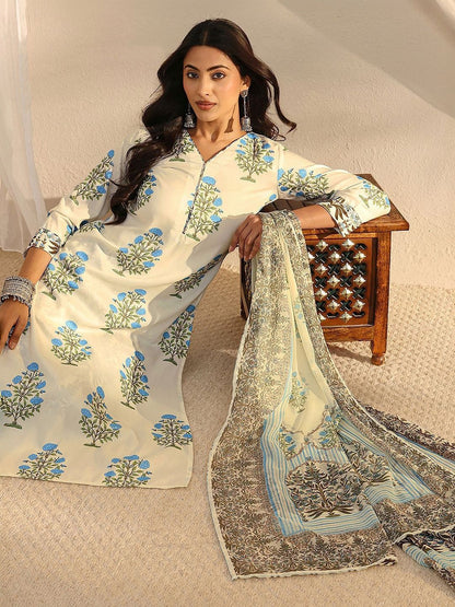 Off White Floral Printed Chanderi Silk Straight Suit Set with Dupatta