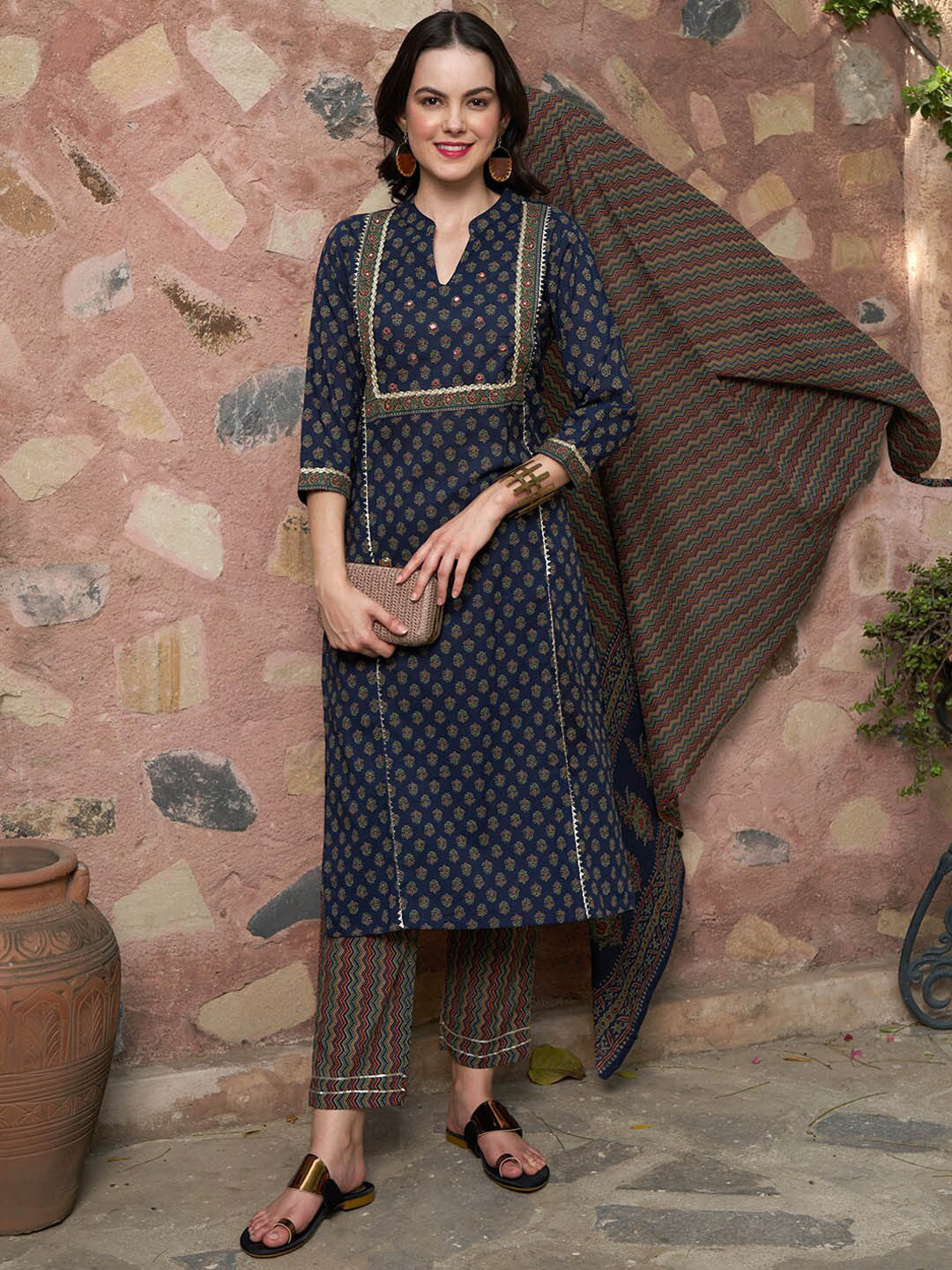 Printed Pure Cotton Kurta with Trousers & With Dupatta