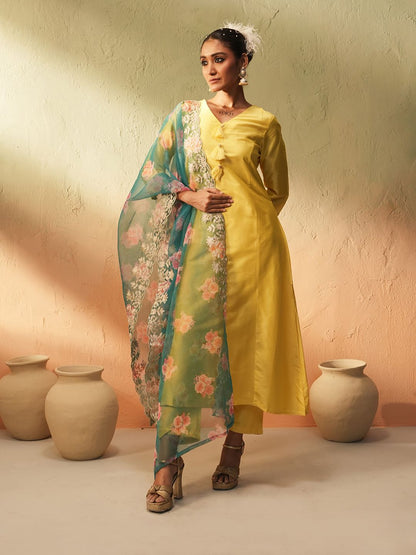 Dhiyona IS Women's Women V-Neck A-Line Kurta with Trousers & Dupatta