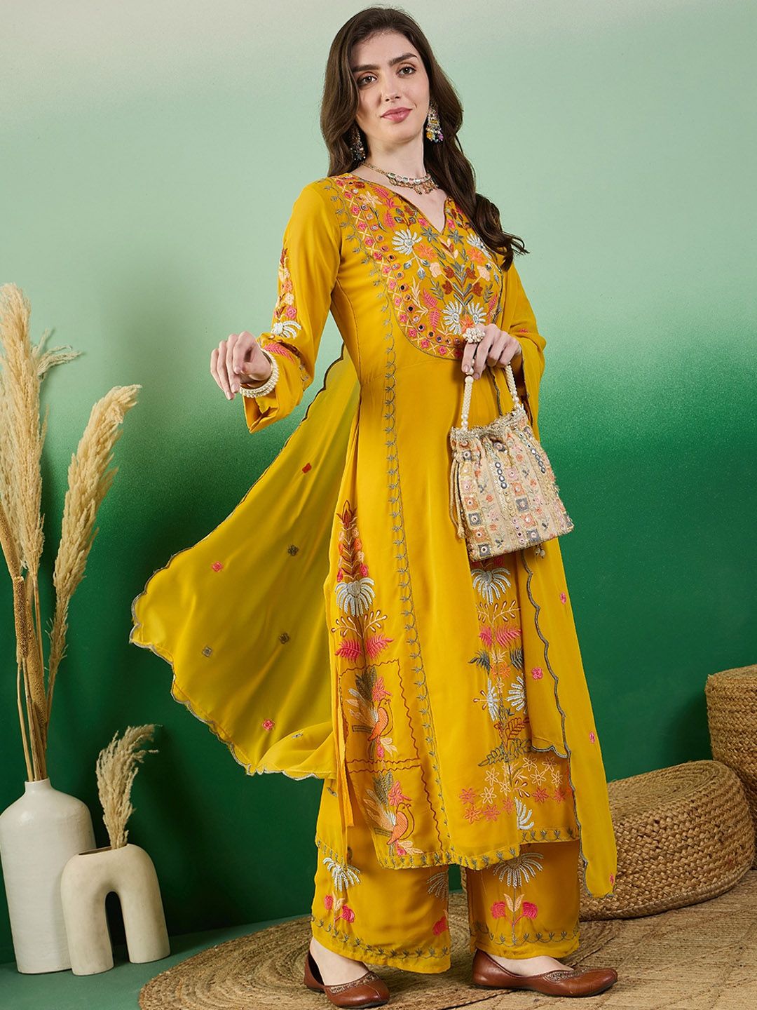 Dhiyona KL Floral Embroidered Thread Work Kurta With Palazzo & Dupatta